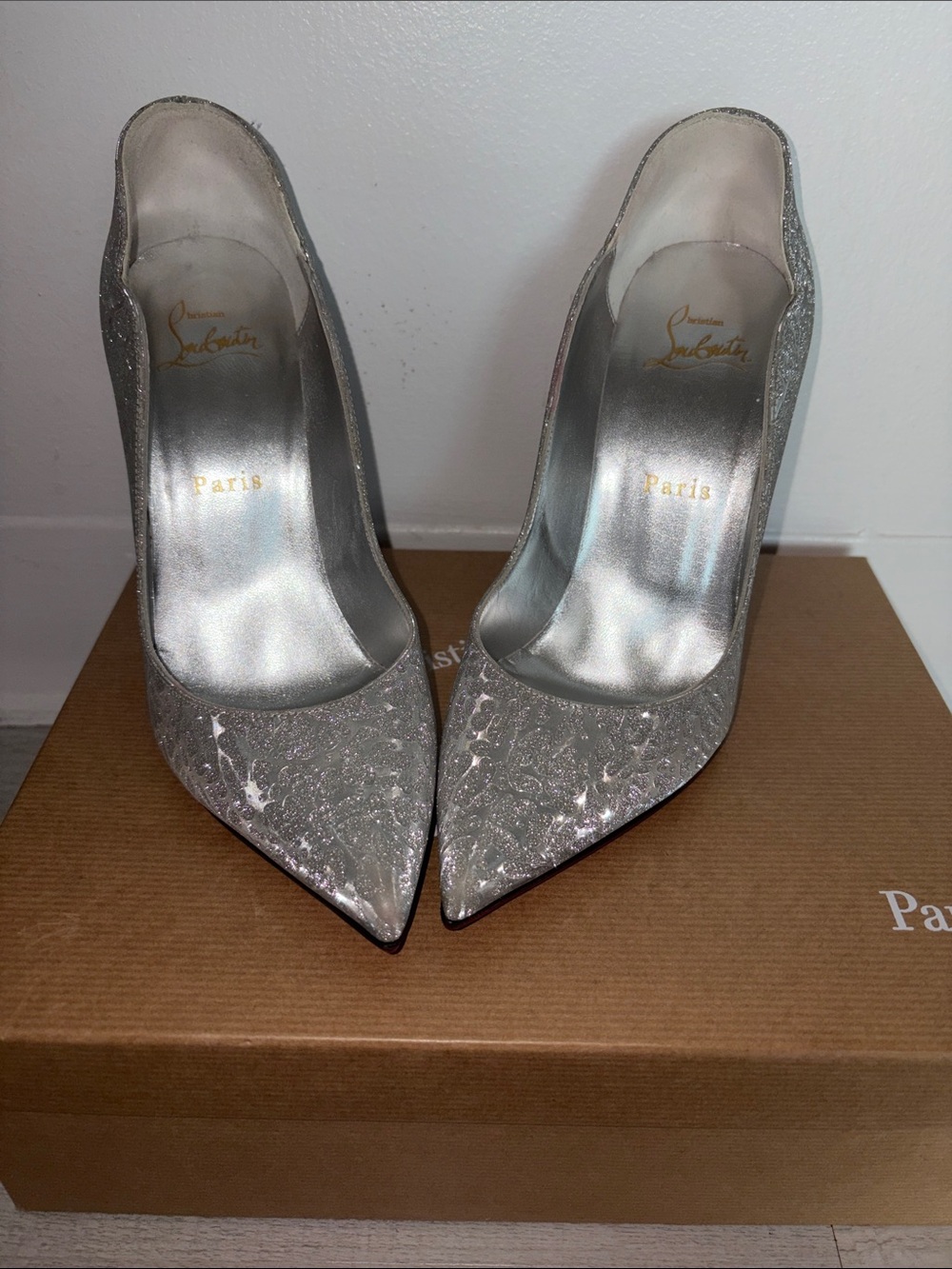 100% Authentic Christian Louboutin Silver Glitter Pointed Toe Stiletto Pumps